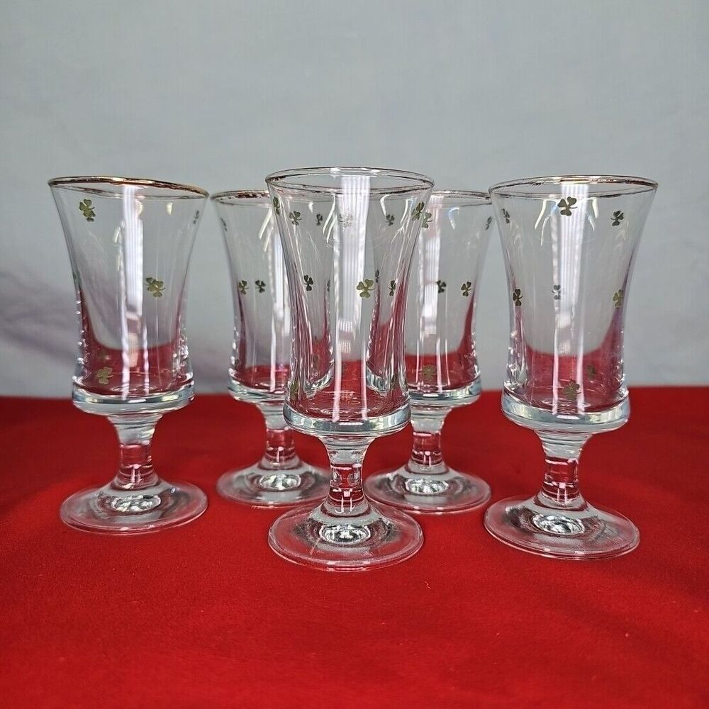 Irish Shamrock Celtic Glass Hand Decorated Gold Rim Sherry Liquor VTG Set of 5